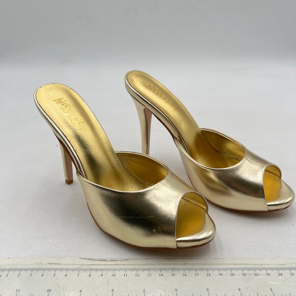 miss left Gold Open Peep Toe Stiletto Heeled Slide Mules Slip On Sandals - Picture 3 of 7